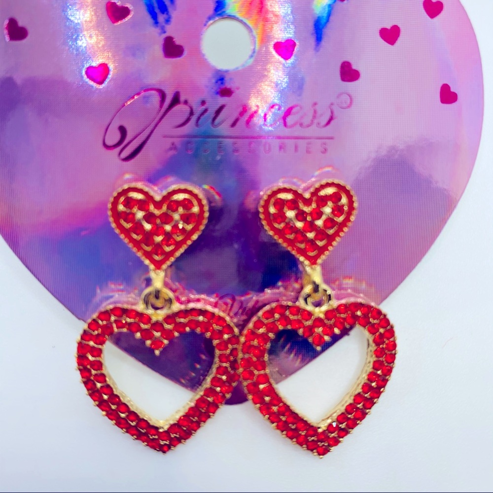 Earrings Hearts Red Rhinestones Pierced! Adorable